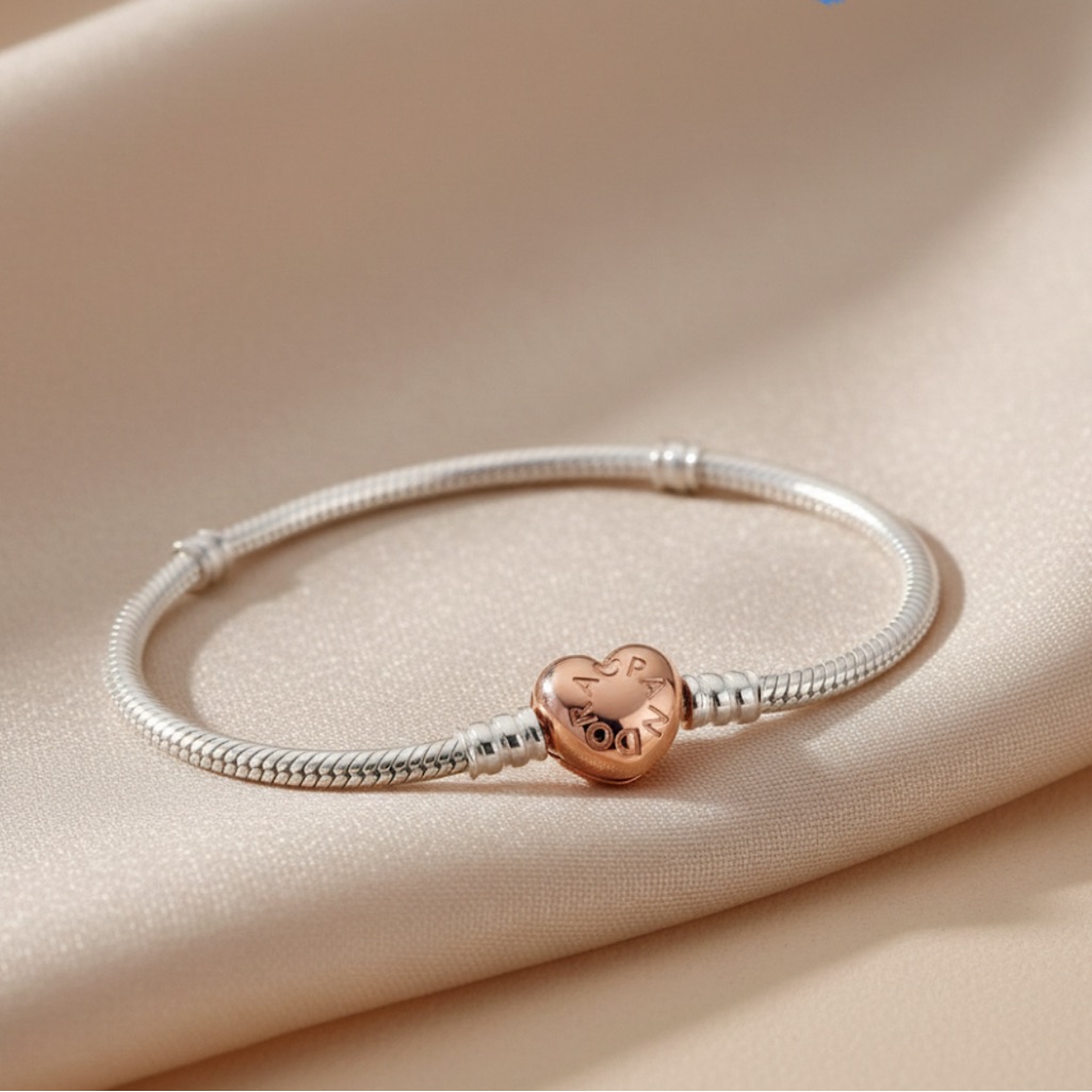 Pandora Silver Bracelet With Rose Gold Heart Charm